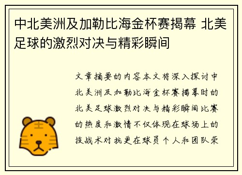 中北美洲及加勒比海金杯赛揭幕 北美足球的激烈对决与精彩瞬间