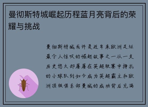 曼彻斯特城崛起历程蓝月亮背后的荣耀与挑战