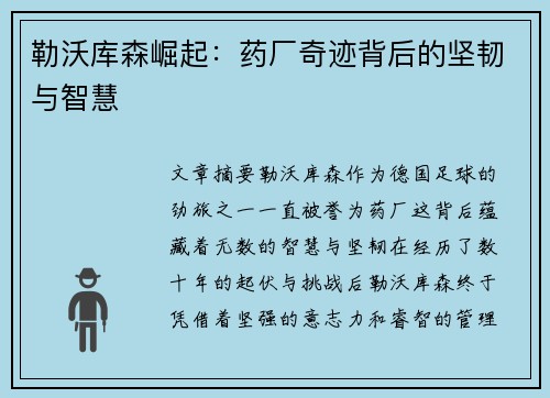 勒沃库森崛起：药厂奇迹背后的坚韧与智慧
